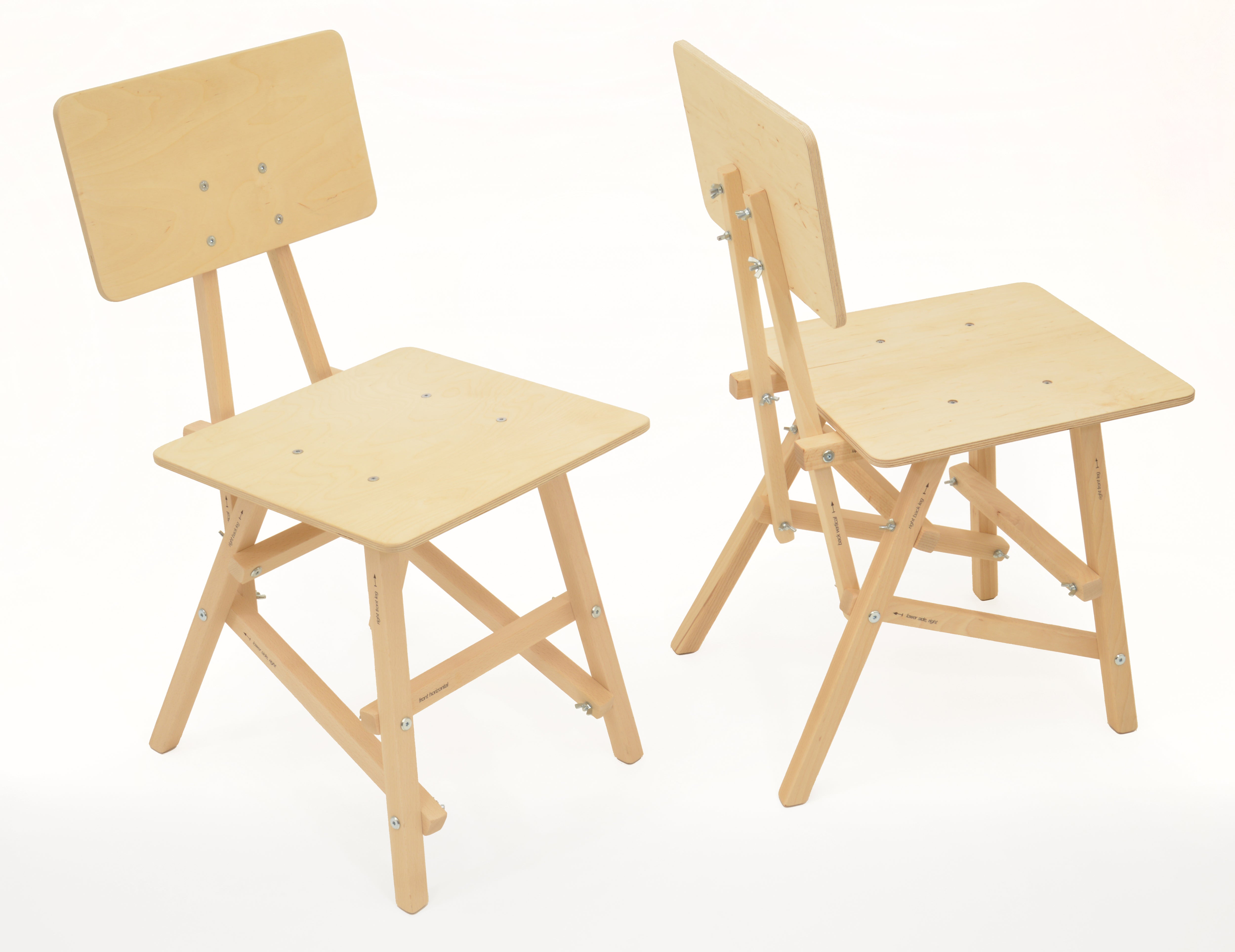 DIT Chair, wooden chair, front and back view. Self assembly, beech and plywood. Design by Tord Boontje.